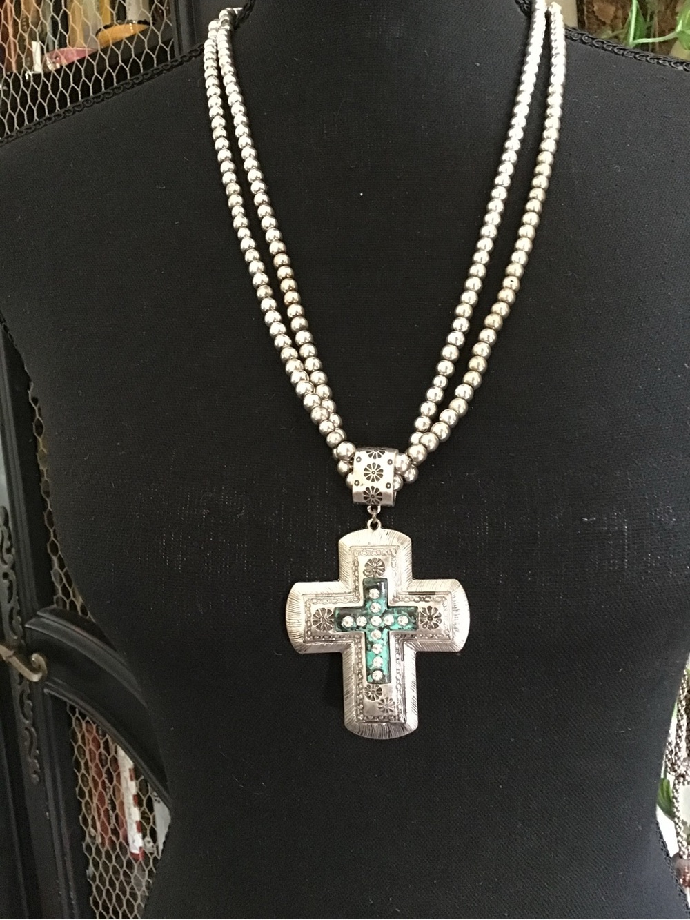 Silver Cross Pendant Necklace with Teal Inlay and Crystal Accents - Picture 2 of 5